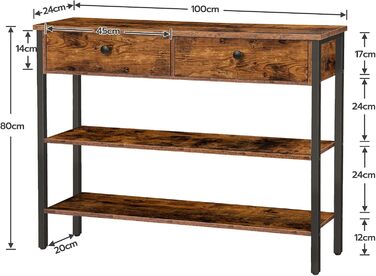 HOOBRO консольний стіл з шухлядою і 2 полицями, металевий каркас, 100x24x80 см, для коридору, вітальні, вінтаж, коричнево-чорний