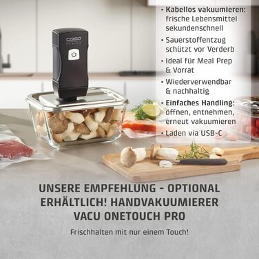 Вакууматор CASO Vacu OneTouch Eco-Set: бездротовий ручний вакууматор з 3 скляними контейнерами, 10 ZIP-пакетами та наклейками Food Manager, чорний