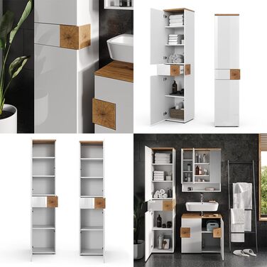Високий шафа для ванної Vicco Eden, білий глянець/дуб Артизан, 40x184,2 см, 2 двері, шухляда