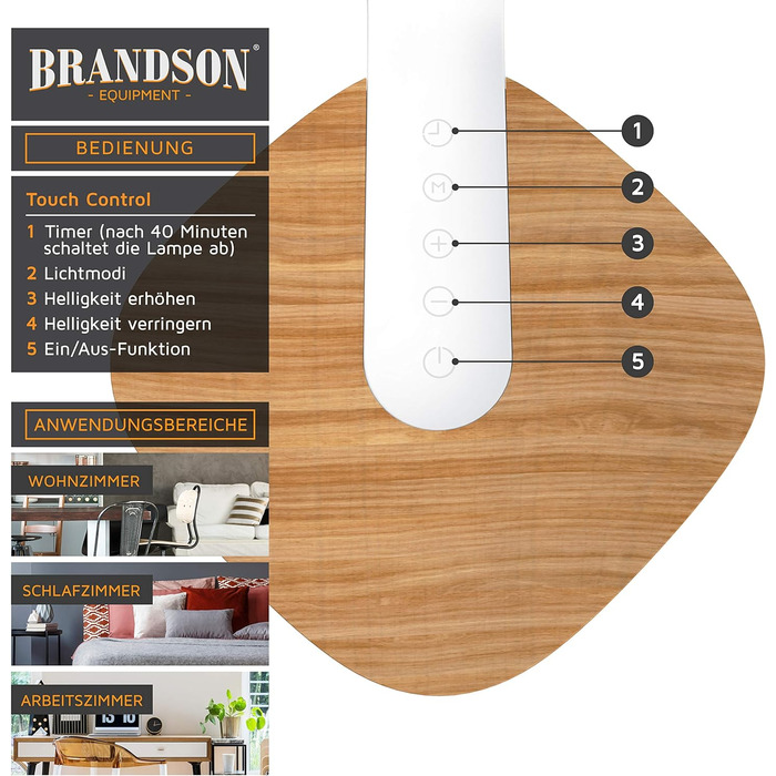 Brandson LED настільна лампа з дерева, диммована, 5 рівнів яскравості, 3 температури світла, сенсорне керування, 450 люмен, для офісу, навчання, біла, захист для очей
