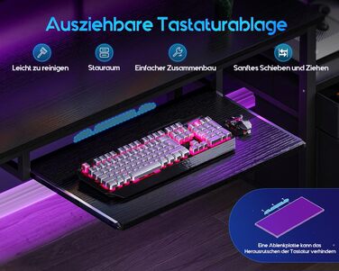 Ігровий стіл Coleshome з LED підсвіткою 140x48 см, з ящиками, 2 розетками та 2 USB портами, з підставкою для монітора, чорний