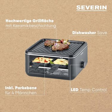 Міні-раклет гриль SEVERIN RG 2360 Black Line для 4 осіб, антипригарна поверхня, глибокі підноси, 600 Вт, компактний настільний гриль