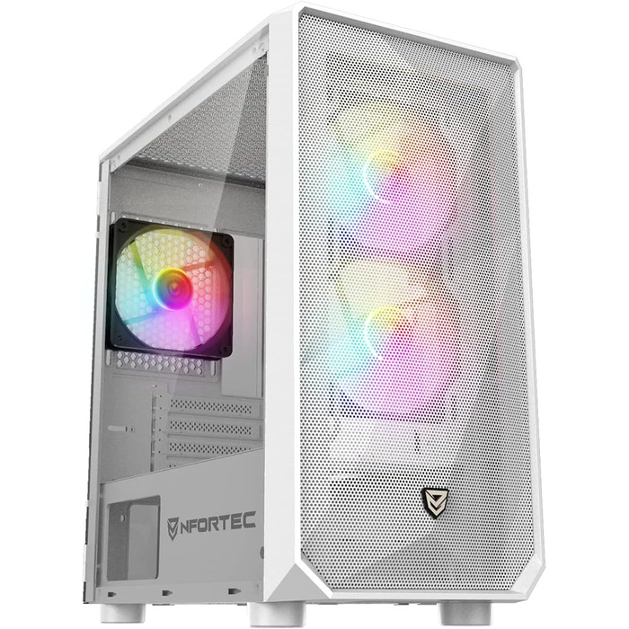 Nfortec DYS ігровий корпус для ПК Mini Tower (MATX), 3x 120 мм ARGB вентилятори, металева сітка, скляна бічна панель, білий