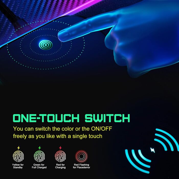Ігрова мишка pad RGB з LED підсвічуванням та бездротовою зарядкою Qi 15W, чорний. Підходить для геймінгу, офісу та дому. Вологостійкий, з антиковзаючою поверхнею.