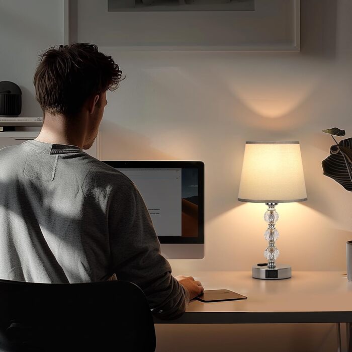 Настільна лампа Kakanuo з кришталем, сенсорне димування, 2 шт, LED, USB-A+C, сірою текстильною абажурою, для спальні, вітальні, офісу, готелю, 37 см