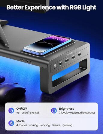 Підставка для монітора VAYDEER USB 3.0 з бездротовою зарядкою та передачею даних, металевий тримач для ноутбуків та комп'ютерів до 32 дюймів, чорний, L