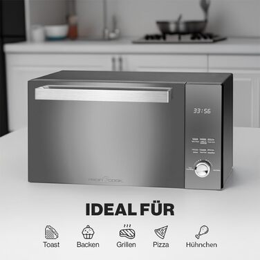Мікрохвильова піч з грилем ProfiCook 23 л, 1000 Вт, без обертового столу, вертикальне відкривання, дзеркальні дверцята, чорна