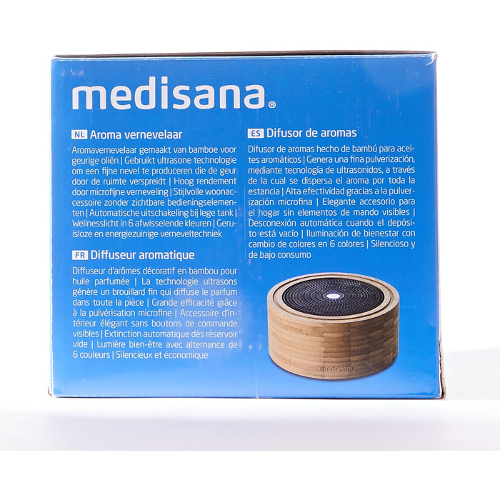 Аромадифузор Medisana AD 625 з бамбука, електричний з таймером, для ефірних олій, 100 мл, підсвічування 6 кольорів, очищувач повітря та освіжувач кімнати