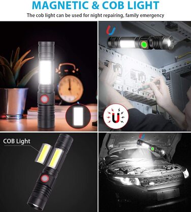 LED ліхтар Karrong 3000 люмен з магнітом, USB-зарядка, водонепроникний, з COB боковим світлом, 4 режими, для кемпінгу, туризму, 2 шт, чорний