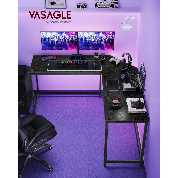 VASAGLE кутовий письмовий стіл L-подібний 149x149x76 см, ігровий та офісний, для домашнього кабінету, компактний, легке складання, грейдж з чорним