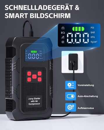 Пусковий інвертор Povasee Jump Starter 6000A з компресором 150 PSI, Powerbank для авто 12V, електричний насос та ліхтариком (Помаранчевий/Чорний/Червоний)