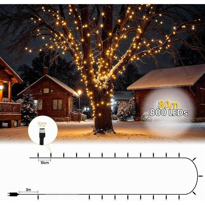 Світлодіодна гірлянда LED 80м, 800 світлодіодів, теплий білий колір, темно-зелений кабель, для вулиці та дому
