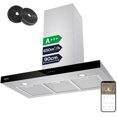 Витяжка кухонна CIARRA CBCS9102 A+++ 90 см, нержавіюча сталь, 650 м³/год, з вугільним фільтром CBCF003, сенсорне керування, настінний монтаж