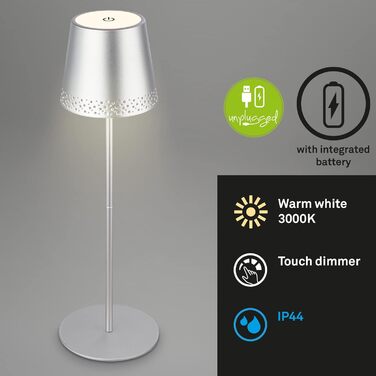 LED настільна лампа BRILONER бездротова з сенсорним керуванням, димер, регулювання висоти, для дому та кемпінгу, хром матовий, 38x12 см