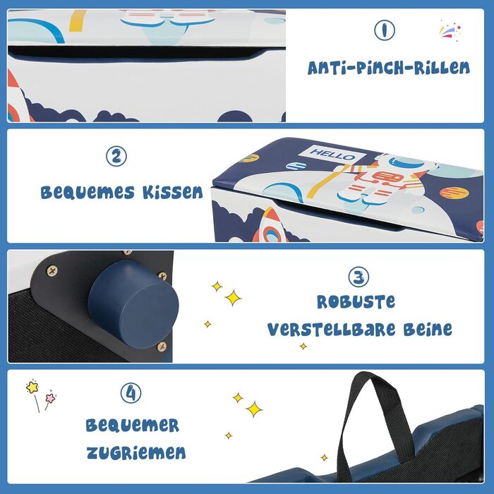 Дитяча іграшкова скриня COSTWAY, м'яка коробка для зберігання знімною кришкою, універсальна лавка з малюнком ракет і планет, для вітальні, дитячої кімнати, садочка (синя)