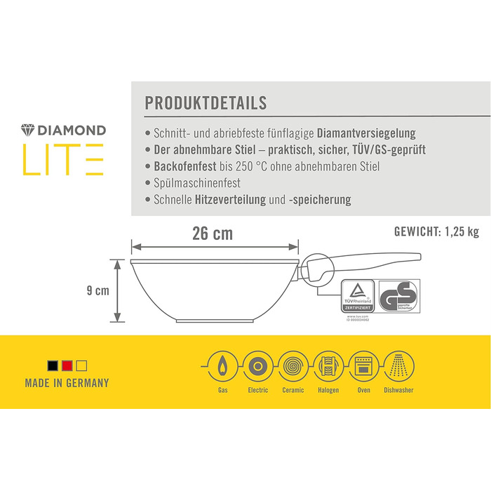 Сковорода-вок Woll Diamond Lite 26 см, антипригарна, алюміній, знімна ручка, для газових, електричних, склокерамічних плит