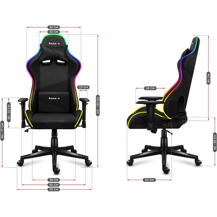 Ігрове крісло Huzaro Force 6.2 RGB Mesh з LED-підсвіткою, ергономічне, чорне, до 130 кг, регульована висота, підголівник і поперекова підтримка, тканина карбон