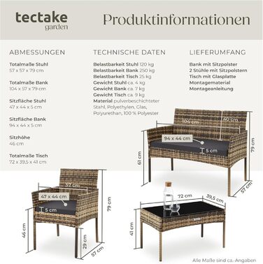 Набір садово-розкладних меблів tectake® з ротангу: банкетка, 2 крісла, столик, подушки, для балкона/тераси