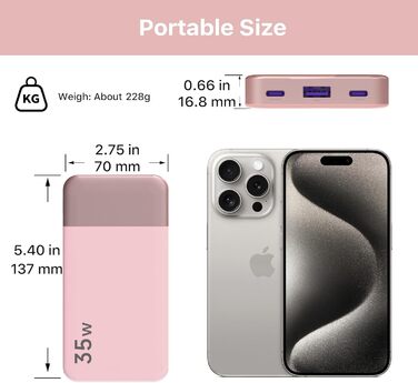 Power Bank Nobis 10000mAh з цифровим дисплеєм, USB-C, 35W, PD/QC, рожевий