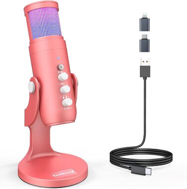 USB-мікрофон Zealsound K66 для смартфона, ПК, ігрових консолей, конденсаторний, з адаптером, ефектом ехo та функцією вимкнення звуку, для запису, стрімінгу, подкастів, ASMR, Plug & Play, синій