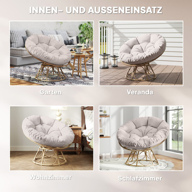 Outsunny Papasan Крісло Ротанг 360° Поворотне плетене крісло з подушкою сидіння Діаметр 120 см Кругле зовнішнє ротангове крісло Поворотне крісло Крісло для відпочинку Крісло Реклайнер для вітальні Сад Балкон Світло-сірий