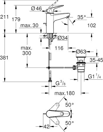 Змішувач для раковини Grohe Swift, хром, з витяжною системою, 18 см, з інструментом 3-в-1, для легкої установки, водо- та енергозберігаючий