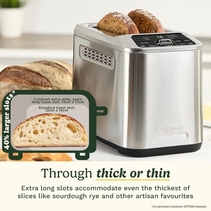 Тостер Cuisinart Smart Elite 2-слотовий | Нержавіюча сталь | Для хліба ручної роботи | Функція пам'яті | Підйомний механізм QuickView | Режими для бутербродів, підігріву та розморожування