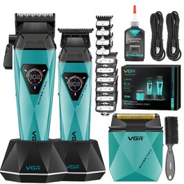 VGR 877S3 Profi набір для стрижки волосся: бездротовий тример та машинка для стрижки з титановим покриттям, 8000/9000 об/хв, станція зарядки, LED-дисплей, зелений