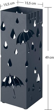 SONGMICS металевий квадратний підставка для парасольок з піддоном для води та 4 гачками, антрацит, 15,5×15,5×49 см