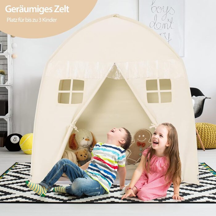 Дитячий ігровий будиночок GOPLUS XL, 143x100x155 см, з сумкою, килимком, дверцятами на блискавці та 4 вікнами, для 2-3 дітей від 3 років (Бежевий)