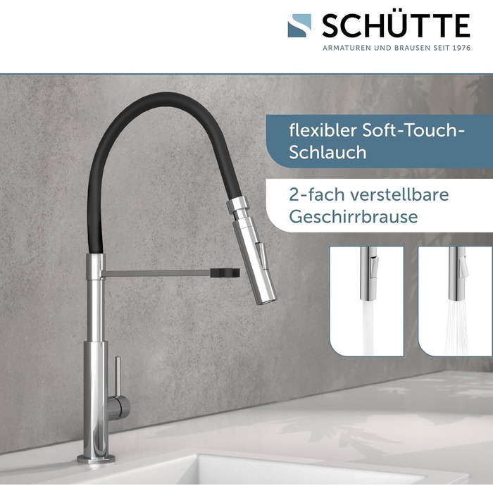 Змішувач кухонний Schütte 23138 з гнучким шлангом Soft Touch, поворотний на 360°, нержавіюча сталь/чорний