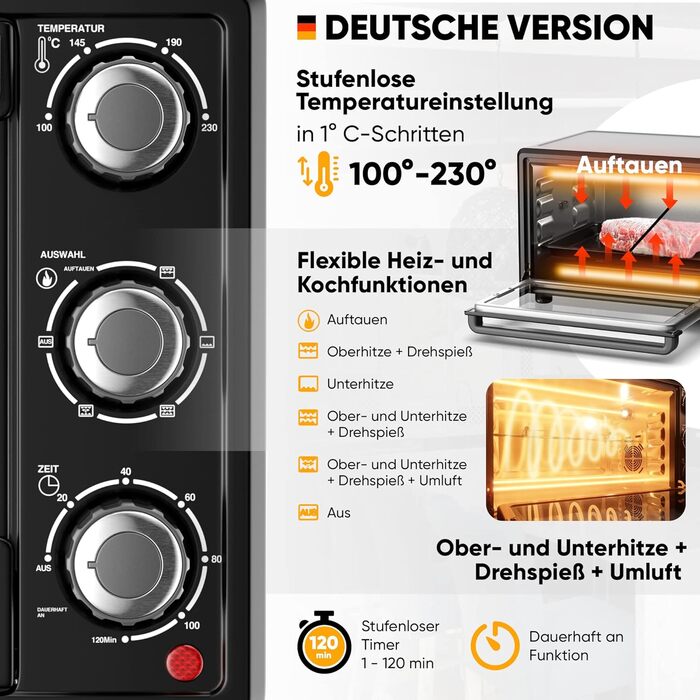 Міні-піч Stillstern Cyclone Pro+ 25L з конвекцією: духовка для приготування тостів, піци, гриля, з антипригарним покриттям, для кемпінгу