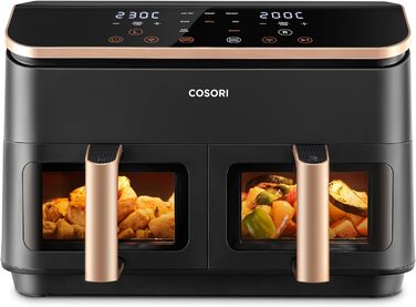 Фритюрниця з двома камерами Cosori AirFryer 8,5 л, 6-в-1, подвійна зона, з оглядовим вікном, енергозберігаюча, 50 рецептів, золота
