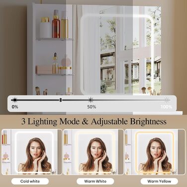 Косметичний стіл YITAHOME з LED підсвіткою, дзеркалом, 3 шухлядами, 2 полицями, регулюванням яскравості, білий