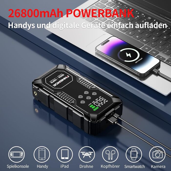 Пусковий пристрій (бустер) FNNEMGE 26800mAh 9000A з компресором 160PSI для авто 12V (бензин та дизель до 12.0L), Powerbank з LCD-екраном та LED-ліхтарем