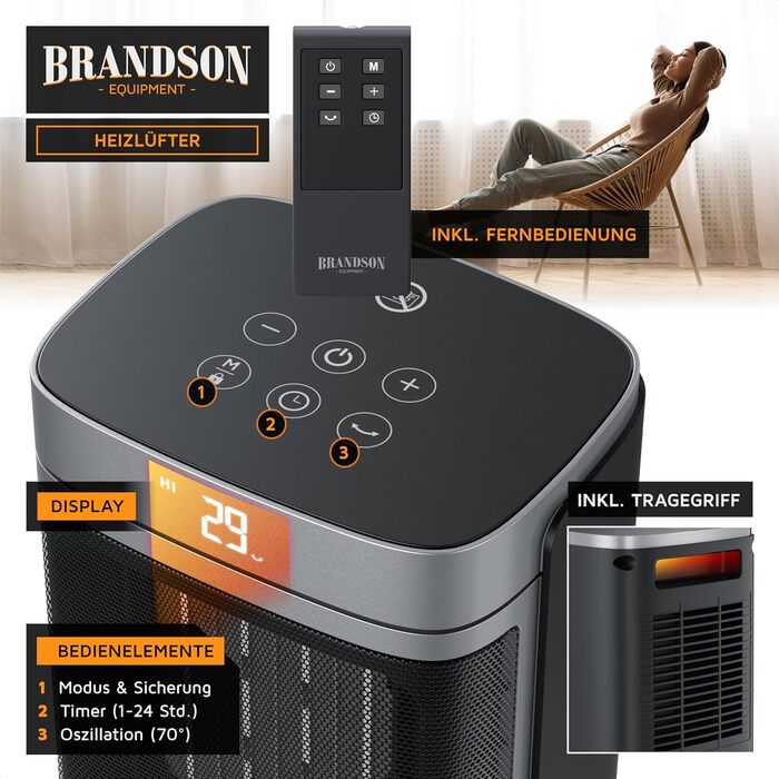 Керамічний обігрівач Brandson з дистанційним керуванням, тихий, енергозберігаючий, з осциляцією, дитячим замком та таймером. Ідеально для ванної, вітальні, офісу та дитячої кімнати. Без Wi-Fi