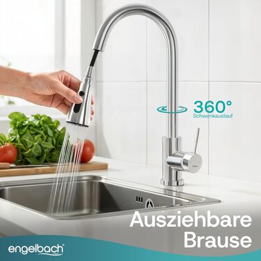 Змішувач кухонний Engelbach® висувний, поворотний на 360°, нержавіюча сталь 304, 2 режими подачі води, для мийки (хром)