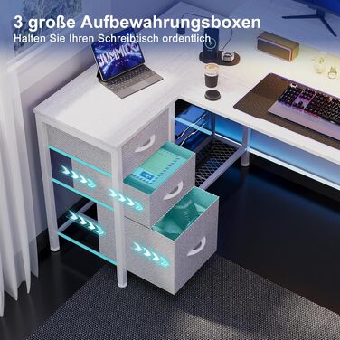 Ігровий кутовий стіл JUMMICO L-подібний 170x95 см з LED підсвіткою, регульованою підставкою під монітор, 3 шухляди, 2 розетки, 2 USB, сталевий та дерев'яний, білий