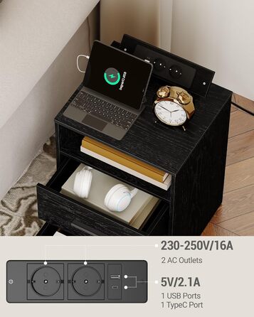 Набір з 2 приліжкових тумб з LED-підсвіткою, USB та Type-C зарядкою, відкритою полицею і двома шухлядами з замком, чорний, для спальні та вітальні