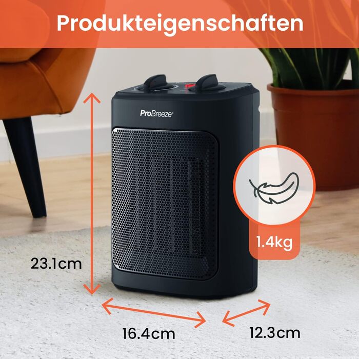 Про Breeze 2000W керамічний міні-нагрівач з холодною функцією та 3 рівнями потужності - для офісу, вітальні, спальні або тераси - Чорний