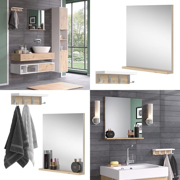 Дзеркало для ванної Vicco Henri, біле/дуб артізан, 50x51.6 см з полицею