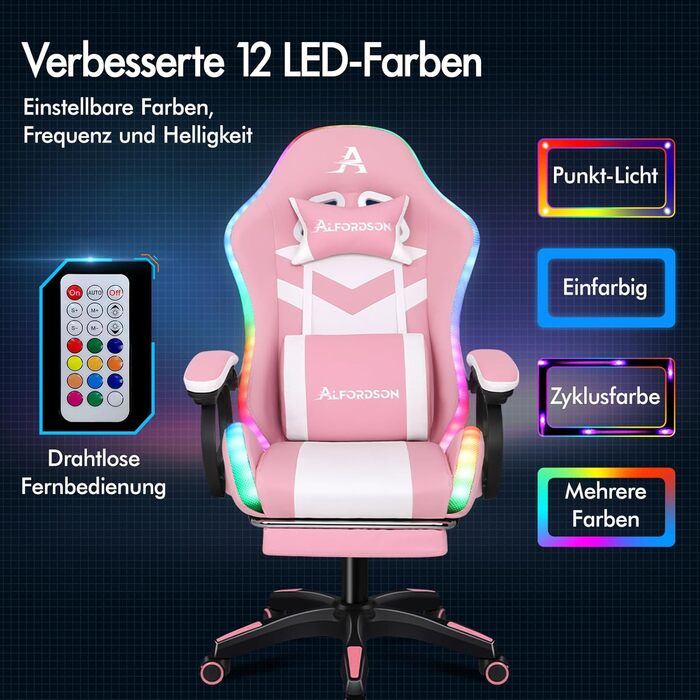 Ігрове крісло ALFORDSON з LED RGB підсвіткою, масажером і підставкою для ніг, ергономічне комп'ютерне крісло рожеве