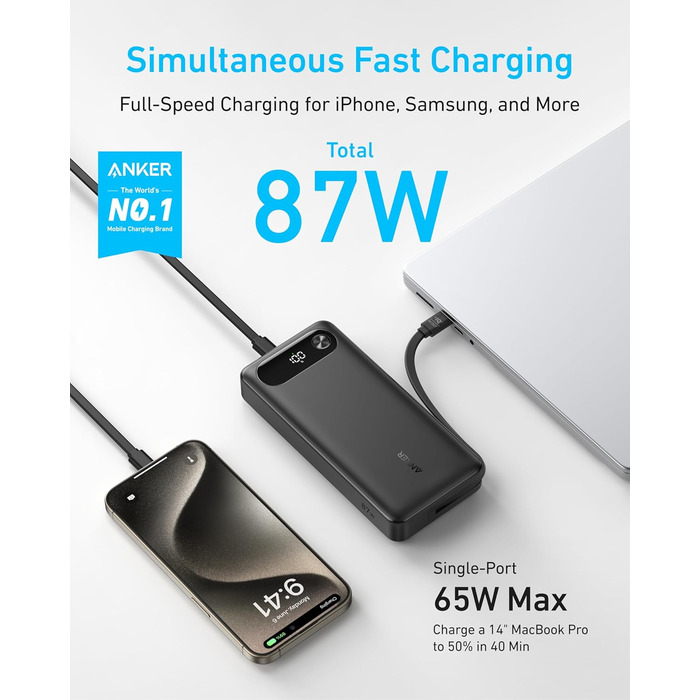 Powerbank Anker 20000mAh з USB-C кабелем, 87W, чорний (MacBook, iPhone, Samsung, Switch)