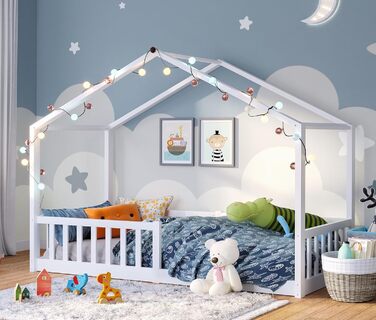 Дитяче ліжко-домік Bellabino Bia 80x160 см, біле, з бортиком і основою, Montessori підлогове ліжко з масиву сосни