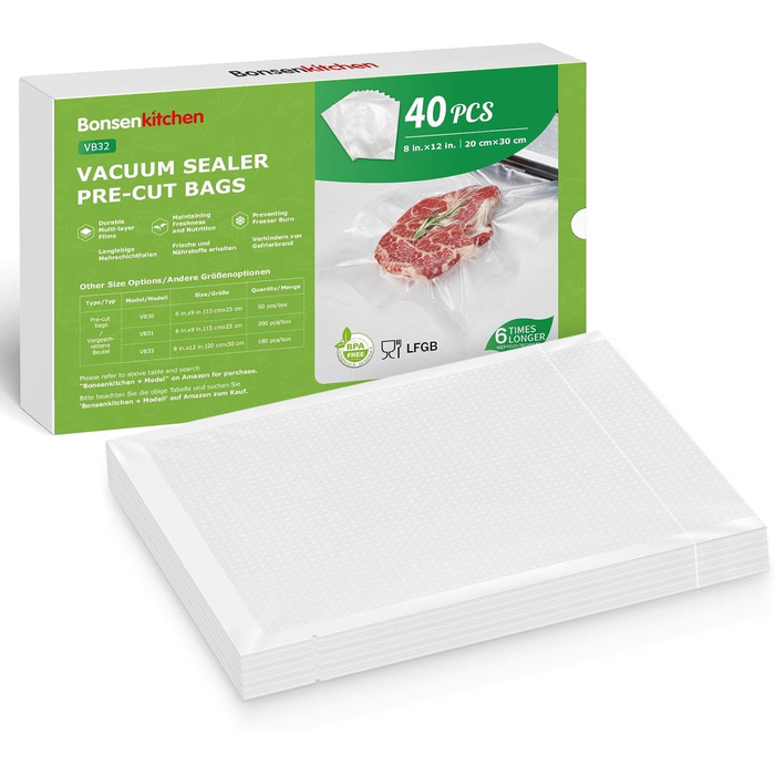 Пакети вакуумні Bonsenkitchen Profi VB3205 (20x30 см, 40 шт) для харчових продуктів, Sous Vide, вакуумних апаратів, без BPA
