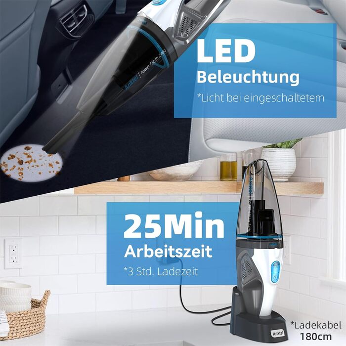 Акумуляторний ручний пилосос PowerClean 2400 для сухого та вологого прибирання з LED-підсвіткою, HEPA-фільтром та зарядною станцією, безмішковий