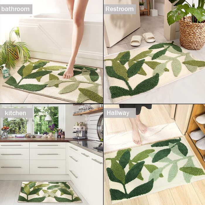 Килимок для ванної нековзний, мікрофібра, зелений лист Treer-shop 50x80 см – м'який, поглинаючий, праний, для ванної, ванни, входу, дверей