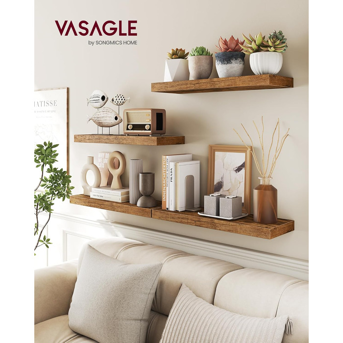 Полиця настінна VASAGLE Custos, набір 4 шт., плаваюча, 60x20x3.8 см, вінтажний коричневий (LWS075B01)