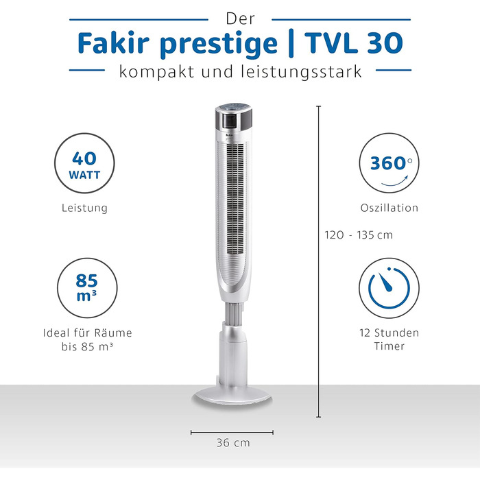 Турмовентилятор Fakir Prestige TVL 30 з пультом, 3 режими, 8 швидкостей, 360° осциляція, таймер, LED-дисплей, 40 Вт, сріблястий, тихий