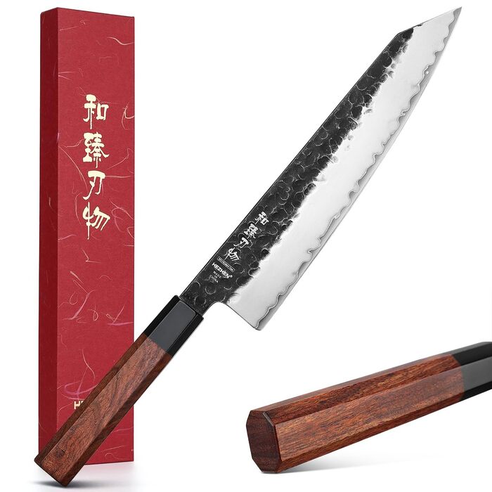 Професійний японський ніж Kiritsuke HEZHEN 21,5 см, кухонний ніж із 3-шарової дамаської сталі з восьмигранною ручкою з червоного дерева та дерев'яним чохлом